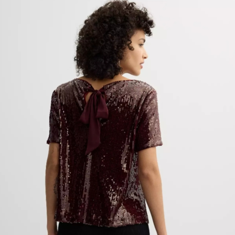 Nine West Red Sequin Blouse Short Sleeve Relaxed Fit - Picture 2 of 7